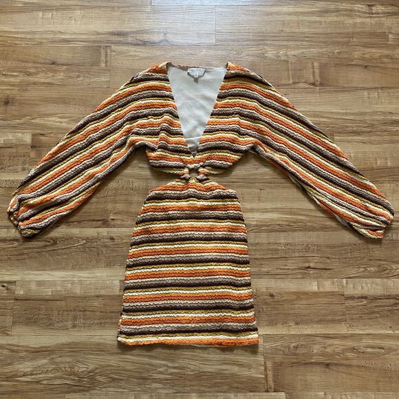 12TH TRIBE S Free Bird Mini Cut Out Dress Crochet Bodycon Stretch Hippie 70s - Picture 16 of 16